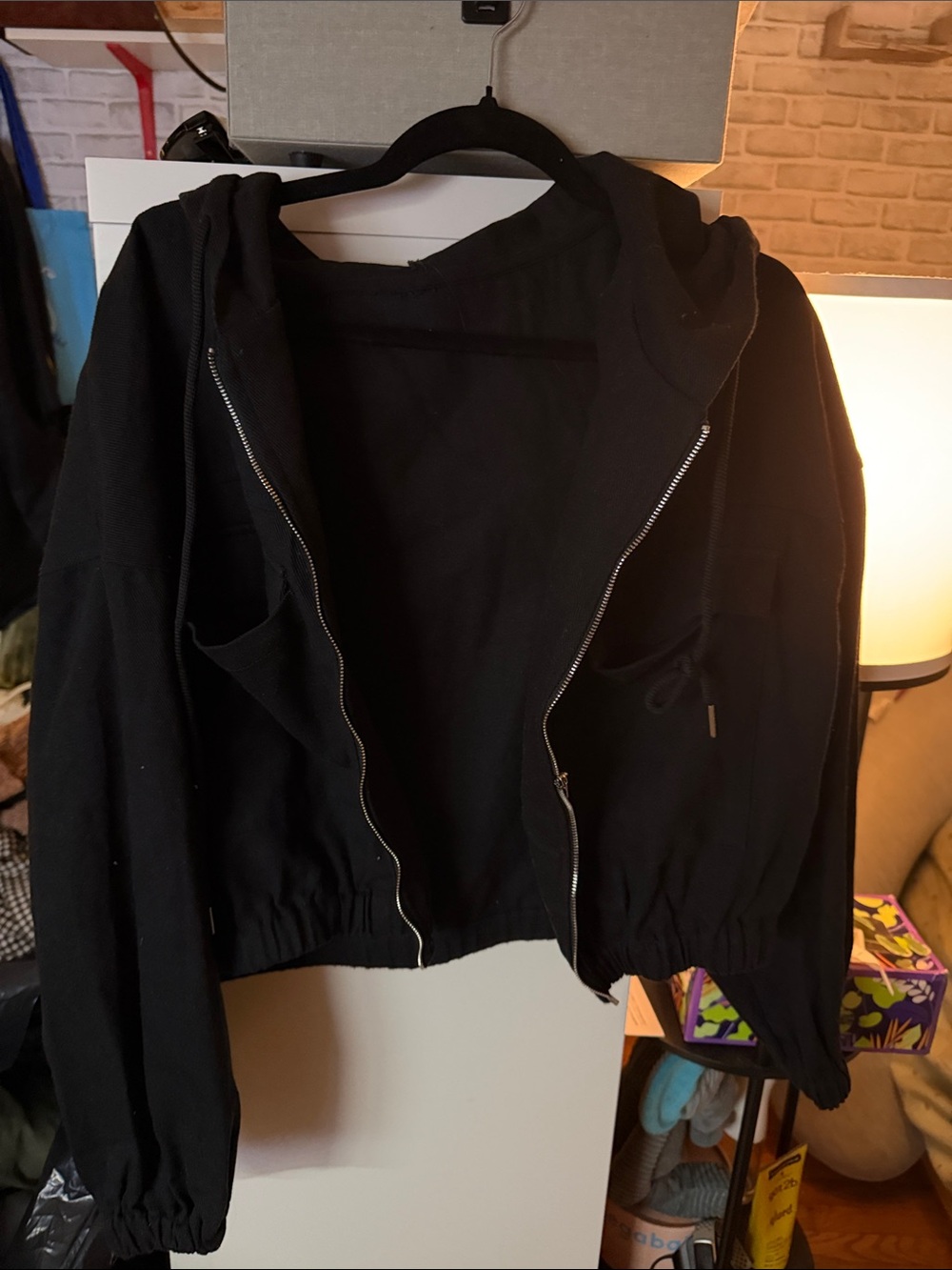 SHEIN Black Cropped Hoodie Jean Jacket